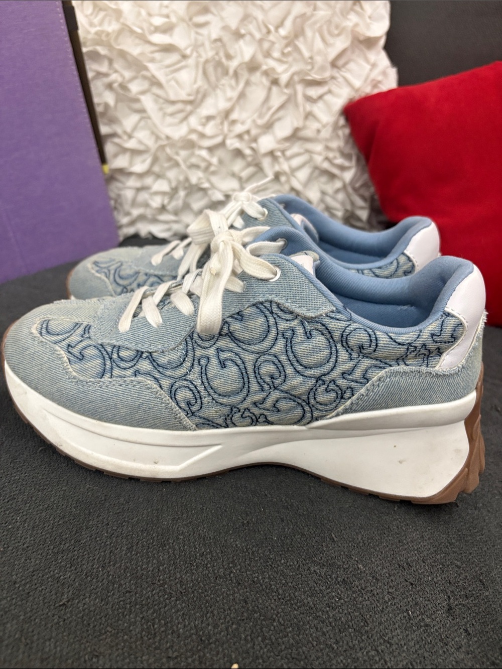 Guess Light Blue Denim Platform Sneakers with Embroidered Logo